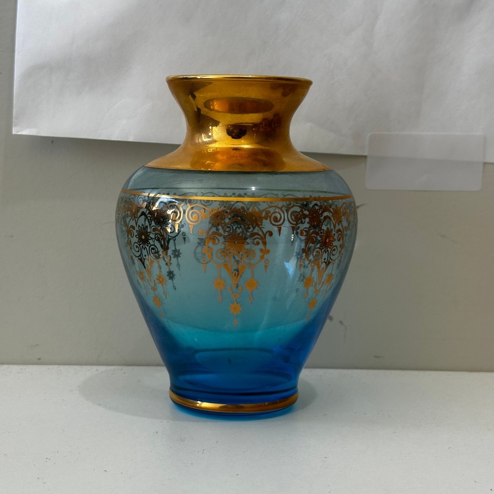 Vintage Venezia Turquoise Blue Glass Bud Vase Gold Encrusted Filigree Trim 5"